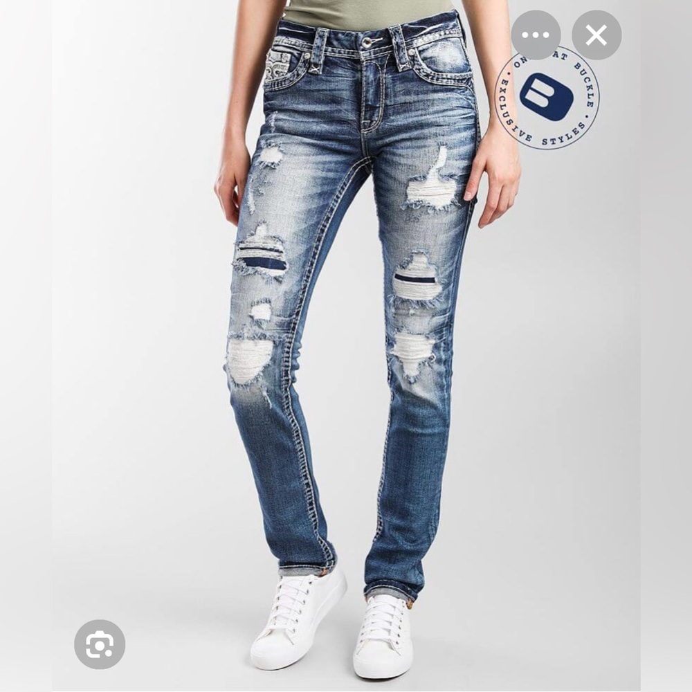 Rock Revival Barbra Mid-Rise Straight Blue Jeans with Distressed Details Size 29 - Picture 15 of 15